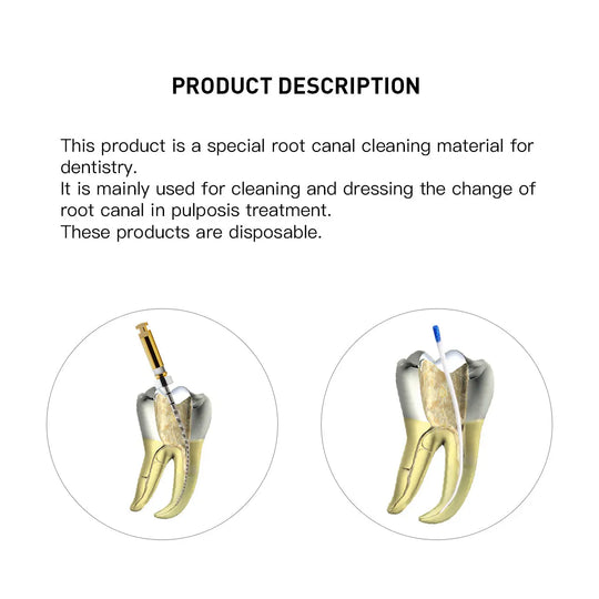 Product description for Absorbent Paper Points #15-80, showing two dental illustrations demonstrating root canal cleaning process. Left image displays insertion of cleaning tool, right image shows application of absorbent material in tooth canal.