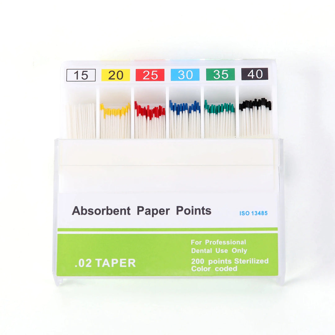 Absorbent Paper Points #15-80 Taper Size 0.02 Color Coded 8 Models 200/Box displayed in clear plastic container. Six compartments showing color-coded tips in white, yellow, red, blue, green, and black, with corresponding size numbers labeled above.