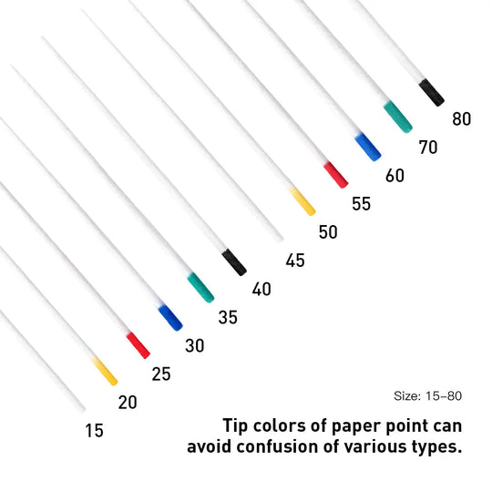 Absorbent Paper Points #15-80 Taper Size 0.02 Color Coded 8 Models 200/Box displayed as diagonal white lines with colored tips, numbered 15 to 80, showing size range and color coding for easy identification in dental procedures