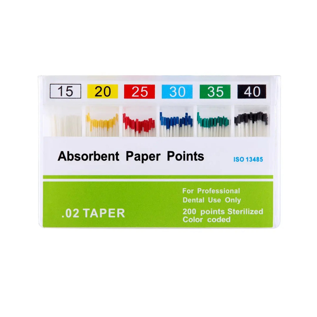 Absorbent Paper Points #15-80 Taper Size 0.02 Color Coded 8 Models 200/Box displayed in packaging. Shows color-coded dental paper points in sizes 15-40, with corresponding numbers above. Product details and taper size listed on green label.