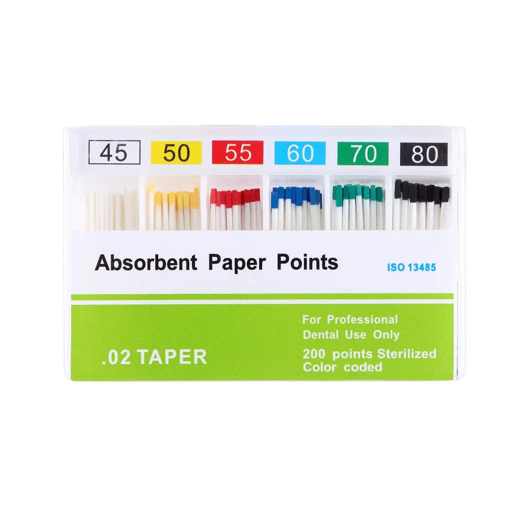 Absorbent Paper Points #15-80 Taper Size 0.02 Color Coded 8 Models 200/Box displayed in a packaging box. Color-coded dental paper points in various sizes from 45 to 80 are shown, organized in rows with corresponding numbers. The product label includes taper size and sterilization information.