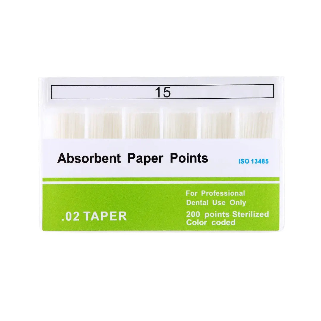 Absorbent Paper Points #15-80 Taper Size 0.02 Color Coded 8 Models 200/Box displayed in packaging. Box shows white paper points, product name, ISO standard, taper size, and dental use information on green and white label.