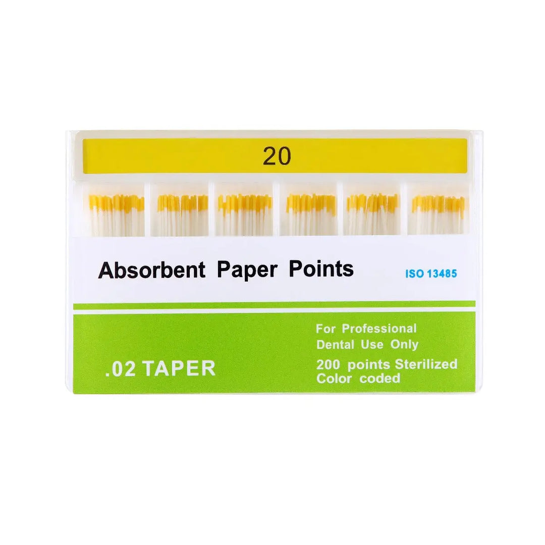 Absorbent Paper Points #15-80 Taper Size 0.02 Color Coded 8 Models 200/Box displayed in packaging. Yellow-tipped dental paper points arranged in six rows, with product details on green and yellow labels. For professional dental use, sterilized and color-coded.