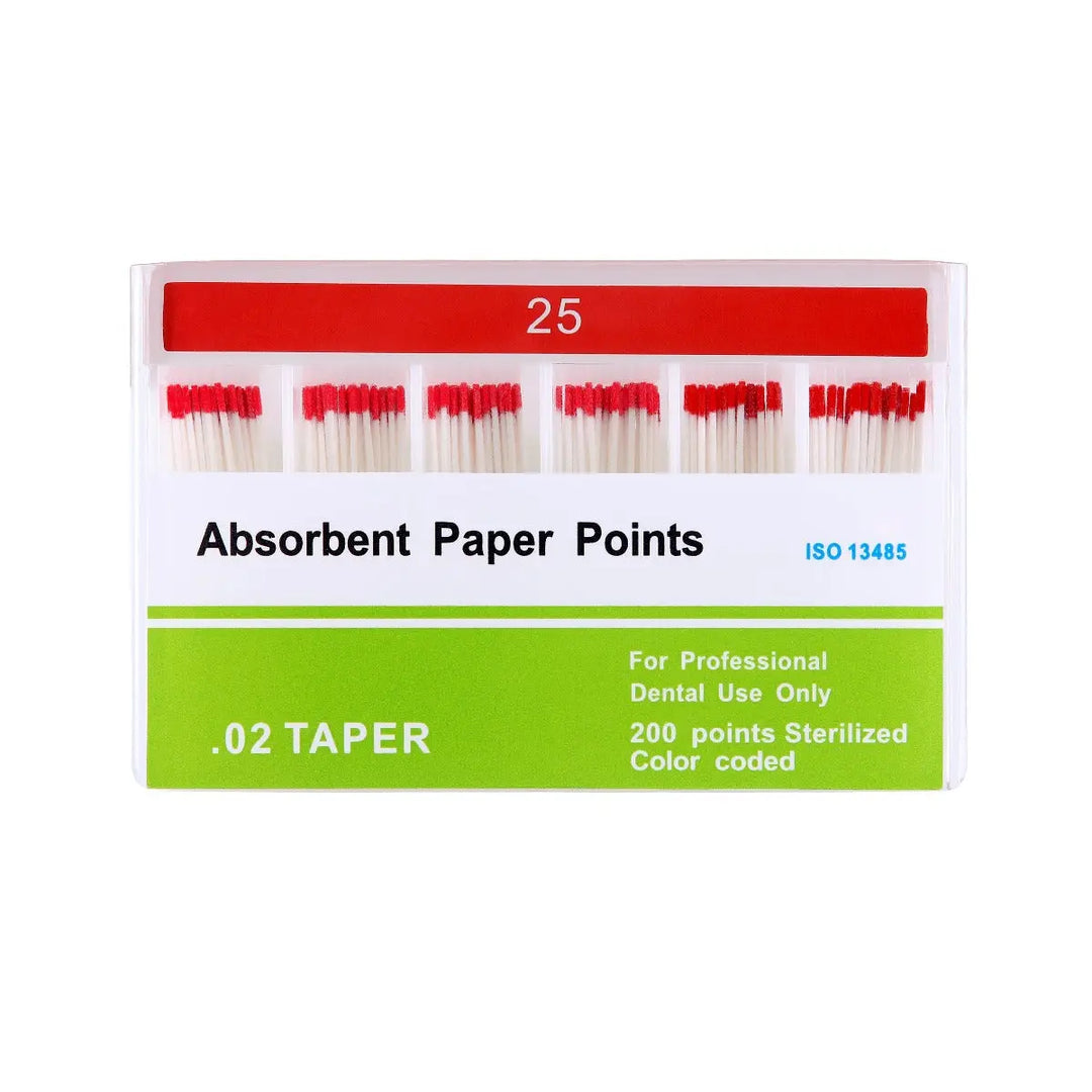 Box of Absorbent Paper Points #15-80 Taper Size 0.02 Color Coded 8 Models 200/Box for dental use, showing red-tipped paper points in six compartments. Packaging displays product name, size 25, taper, quantity, and professional use information.