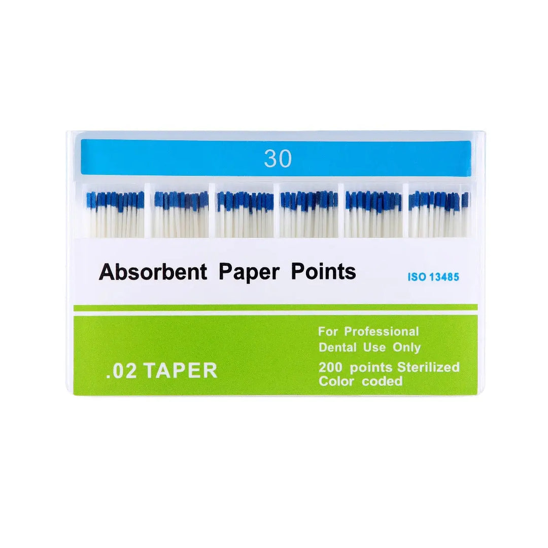 Absorbent Paper Points #15-80 Taper Size 0.02 Color Coded 8 Models 200/Box: Box of blue-tipped dental absorbent paper points for professional use, labeled with size 30 and 0.02 taper, sterilized and color-coded for easy identification in root canal procedures.