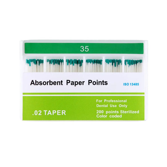 Absorbent Paper Points #15-80 Taper Size 0.02 Color Coded 8 Models 200/Box displayed in packaging. Green-tipped dental points arranged in rows. Label shows "35" and ".02 TAPER" specifications. For professional dental use, 200 sterilized color-coded points per box.