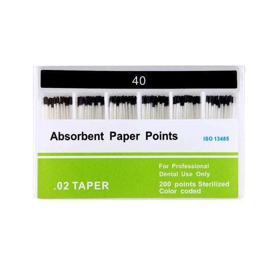 Absorbent Paper Points #15-80 Taper Size 0.02 Color Coded 8 Models 200/Box: Package of dental absorbent paper points with 0.02 taper, size 40, color-coded for easy identification. 200 sterilized points per box for professional dental use in root canal cleaning and treatment.