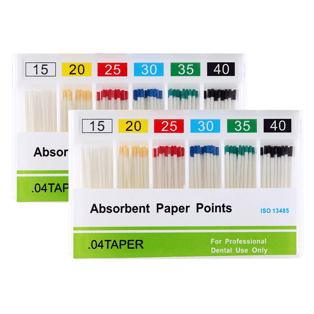 Absorbent Paper Points #15-40 Taper Size 0.04 Color Coded 100/Box displayed in two packaging boxes. Each box shows six color-coded sections of paper points ranging from sizes 15 to 40, organized in a grid format for dental use.