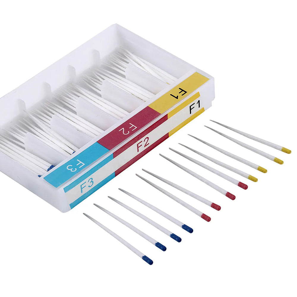 Absorbent Paper Points F Series Mixed F1 F2 F3 100/Box displayed in a white plastic organizer with color-coded sections. Several paper points shown outside the box, featuring different colored tips for easy identification and use in dental root canal procedures.