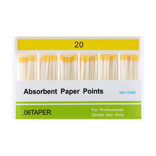 Box of Absorbent Paper Points #20 Taper Size 0.06 Color Coded 100/Box for dental use, displaying yellow-tipped points organized in rows within a labeled container for professional dental applications in root canal treatments.