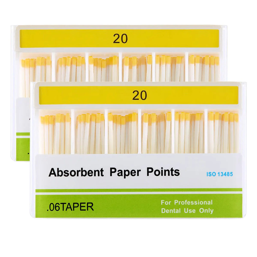 Absorbent Paper Points #20 Taper Size 0.06 Color Coded 100/Box: Two clear plastic containers with yellow-tipped dental paper points, labeled for professional dental use. Containers show ".06TAPER" and "ISO 13485" standards, indicating dental precision tools.