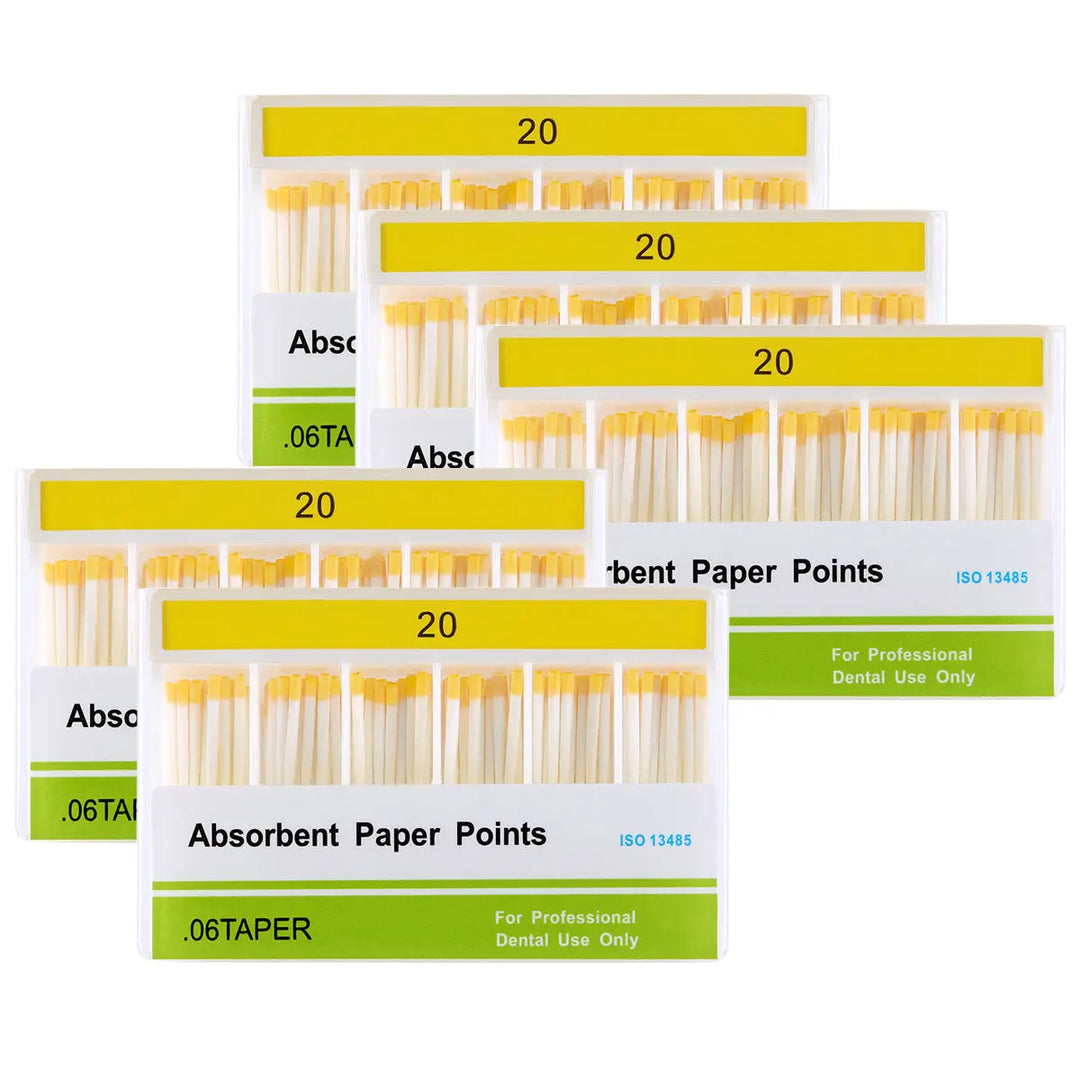 Absorbent Paper Points #20 Taper Size 0.06 Color Coded 100/Box displayed in multiple packages, showing yellow-tipped dental instruments arranged neatly in rows. Product labels visible with size and taper information.