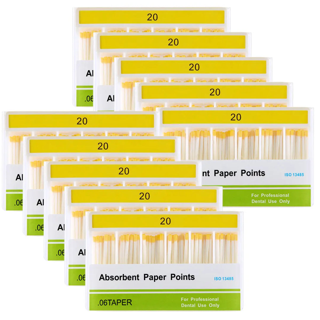 Absorbent Paper Points #20 Taper Size 0.06 Color Coded 100/Box: Multiple boxes of dental absorbent paper points with yellow labels, size 20, taper 0.06. Professional dental use product for root canal cleaning and dressing, displayed in neatly arranged packaging.