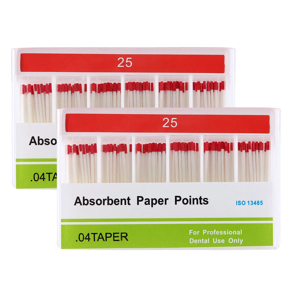 Absorbent Paper Points #25 Taper Size 0.04 Color Coded 100/Box: Two clear plastic containers with red-tipped dental paper points, labeled for professional dental use. Product packaging shows size 25, 0.04 taper, and ISO standard information.