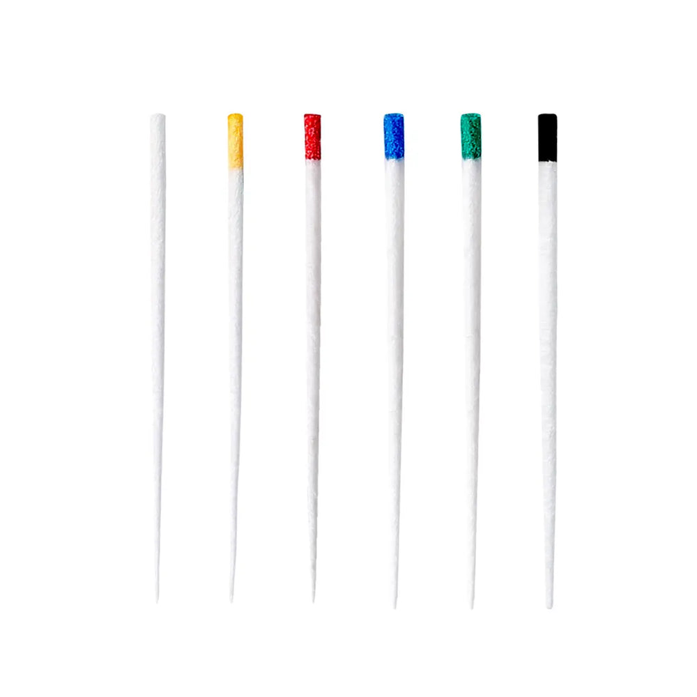 Absorbent Paper Points #15-40 Taper Size 0.06 Color Coded 100/Box: Six white dental paper points with color-coded tips in yellow, red, blue, green, and black, arranged vertically against a white background for root canal cleaning and dressing in dentistry.