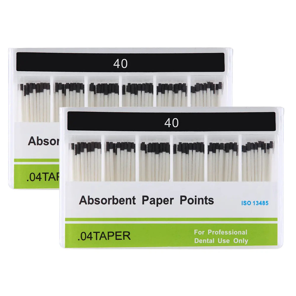 Absorbent Paper Points #40 Taper Size 0.04 Color Coded 100/Box: Two white rectangular boxes containing dental paper points with black tips, labeled '40' and '.04TAPER'. Green and white labels indicate professional dental use and ISO standard compliance.