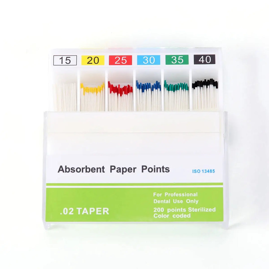 Absorbent Paper Points #15-40 Taper Size 0.02 Color Coded 200/Box displayed in clear plastic container, showing color-coded tips ranging from white to black for different sizes, with product label indicating dental use and sterilization details.