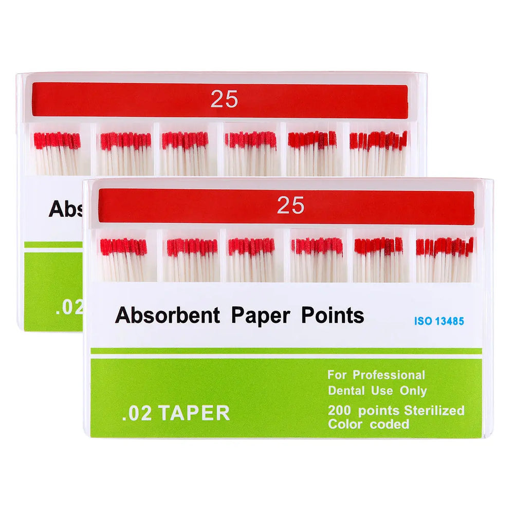 Absorbent Paper Points #25 Taper Size 0.02 Color Coded 200/Box: Two boxes of dental paper points, showing red-tipped points arranged in rows. Labels indicate size 25, 0.02 taper, color-coded, and sterilized for professional dental use.