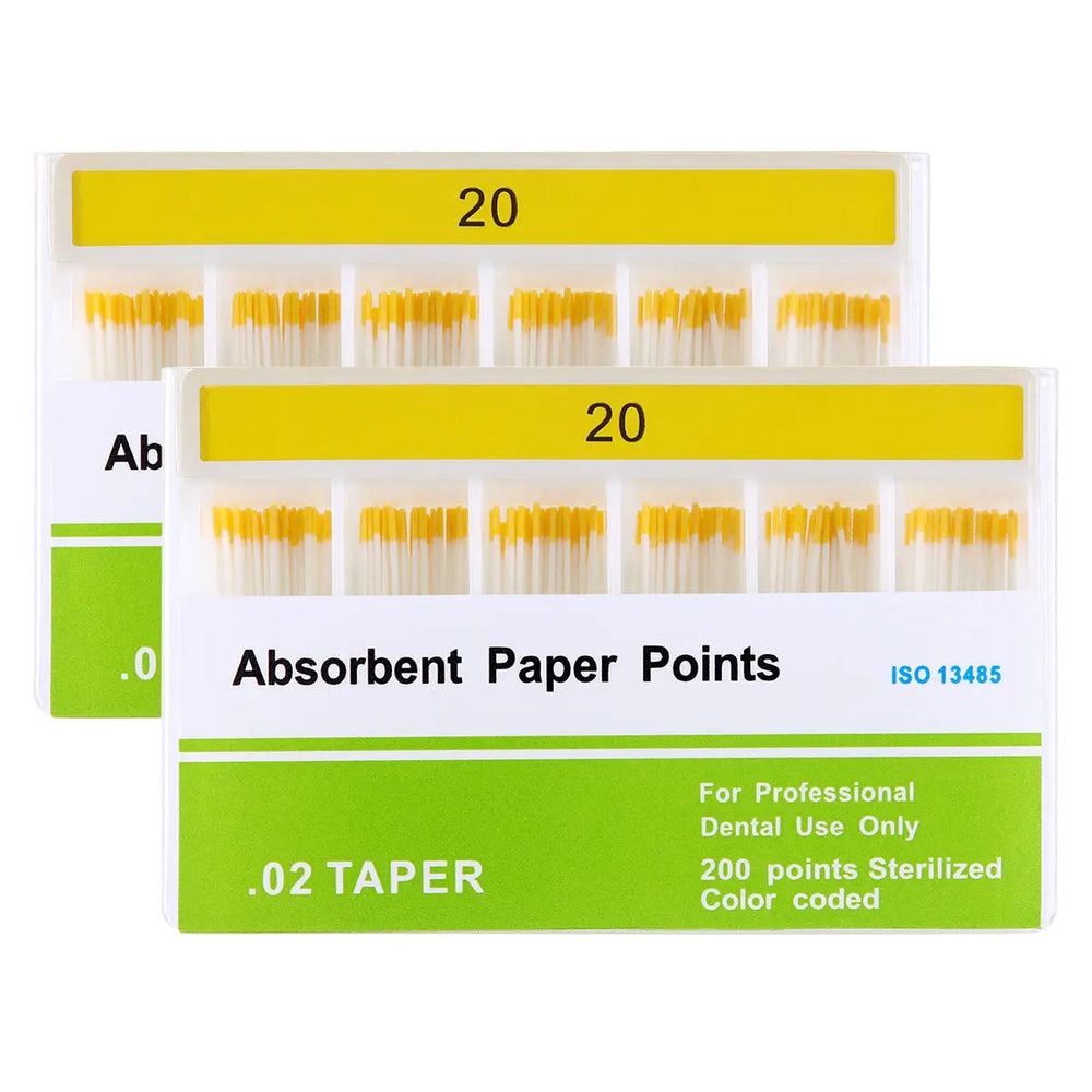 Absorbent Paper Points #20 Taper Size 0.02 Color Coded 200/Box displayed in two white containers with yellow and green labeling. Each box contains six compartments filled with yellow-tipped dental paper points for professional dental use in root canal procedures.