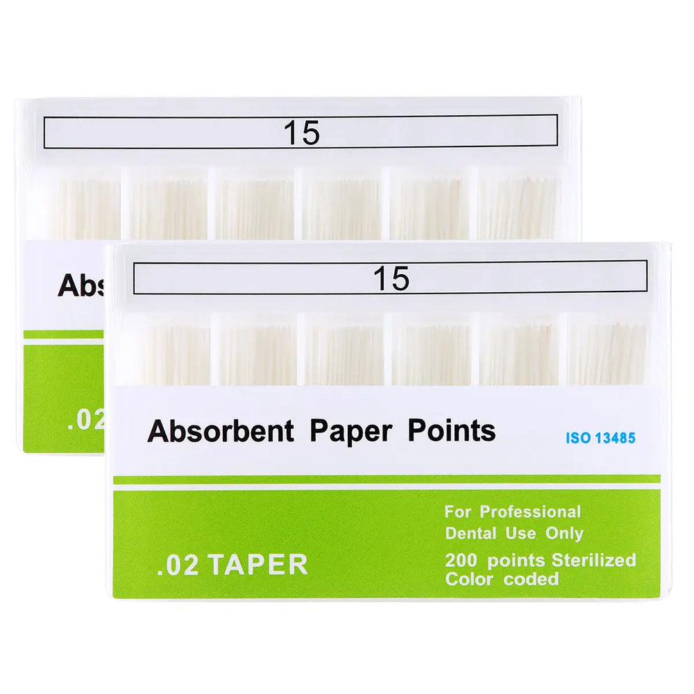 Absorbent Paper Points #15 Taper Size 0.02 Color Coded 200/Box: Two boxes of dental absorbent paper points, labeled with size 15 and 0.02 taper. White paper points visible through clear packaging. Green and white labels indicate professional dental use, sterilized, and color-coded.