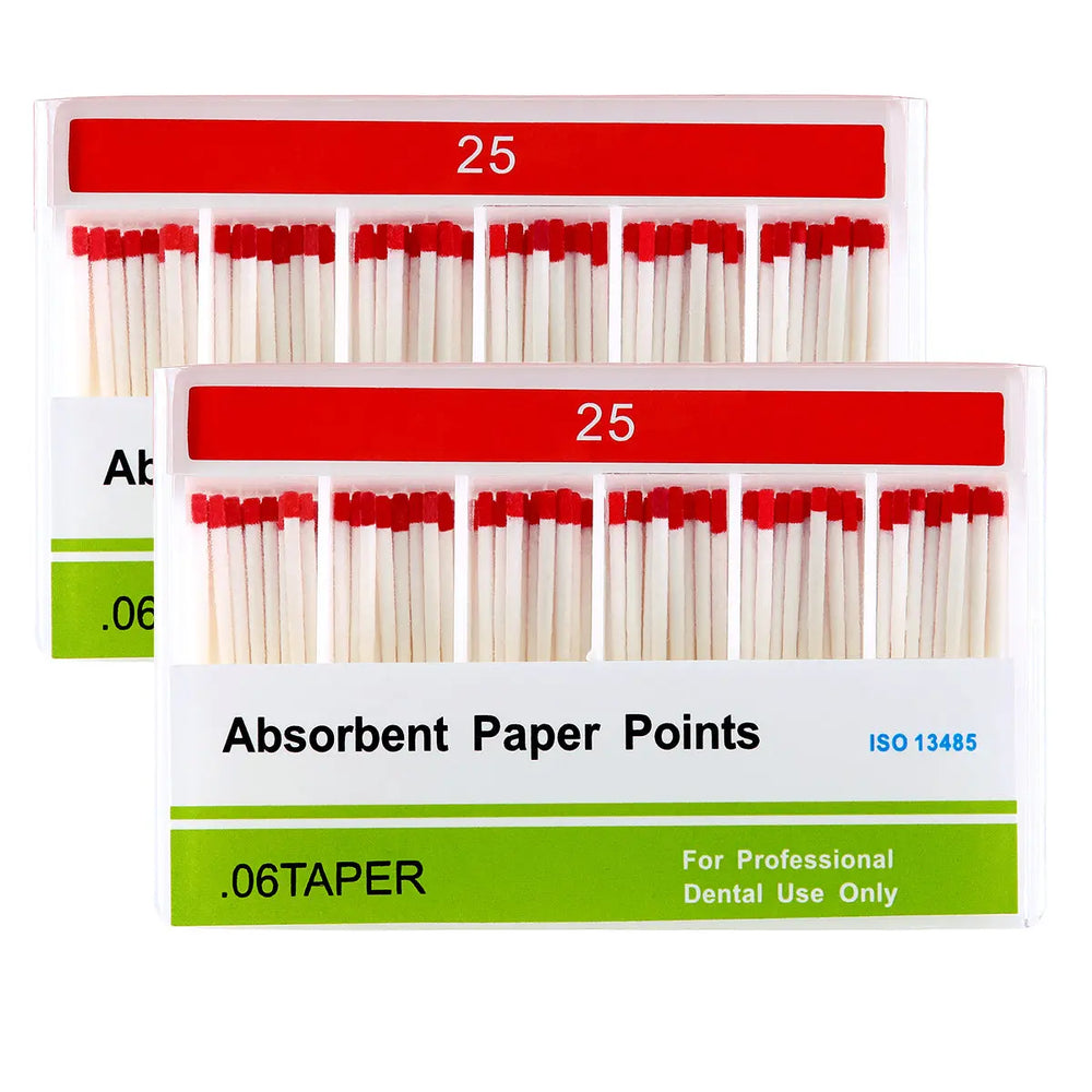 Absorbent Paper Points #25 Taper Size 0.06 Color Coded 100/Box: Two white plastic containers with red-tipped dental paper points, labeled "25" and ".06TAPER" for professional dental use in root canal treatments.