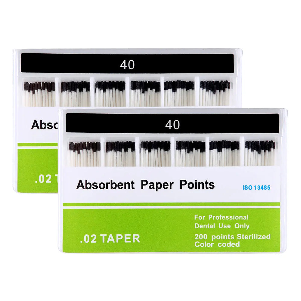 Absorbent Paper Points #40 Taper Size 0.02 Color Coded 200/Box: Two boxes of dental paper points, each containing 200 sterilized, color-coded points with 0.02 taper. Boxes display product details, including size 40 and ISO certification. For professional dental use in root canal procedures.