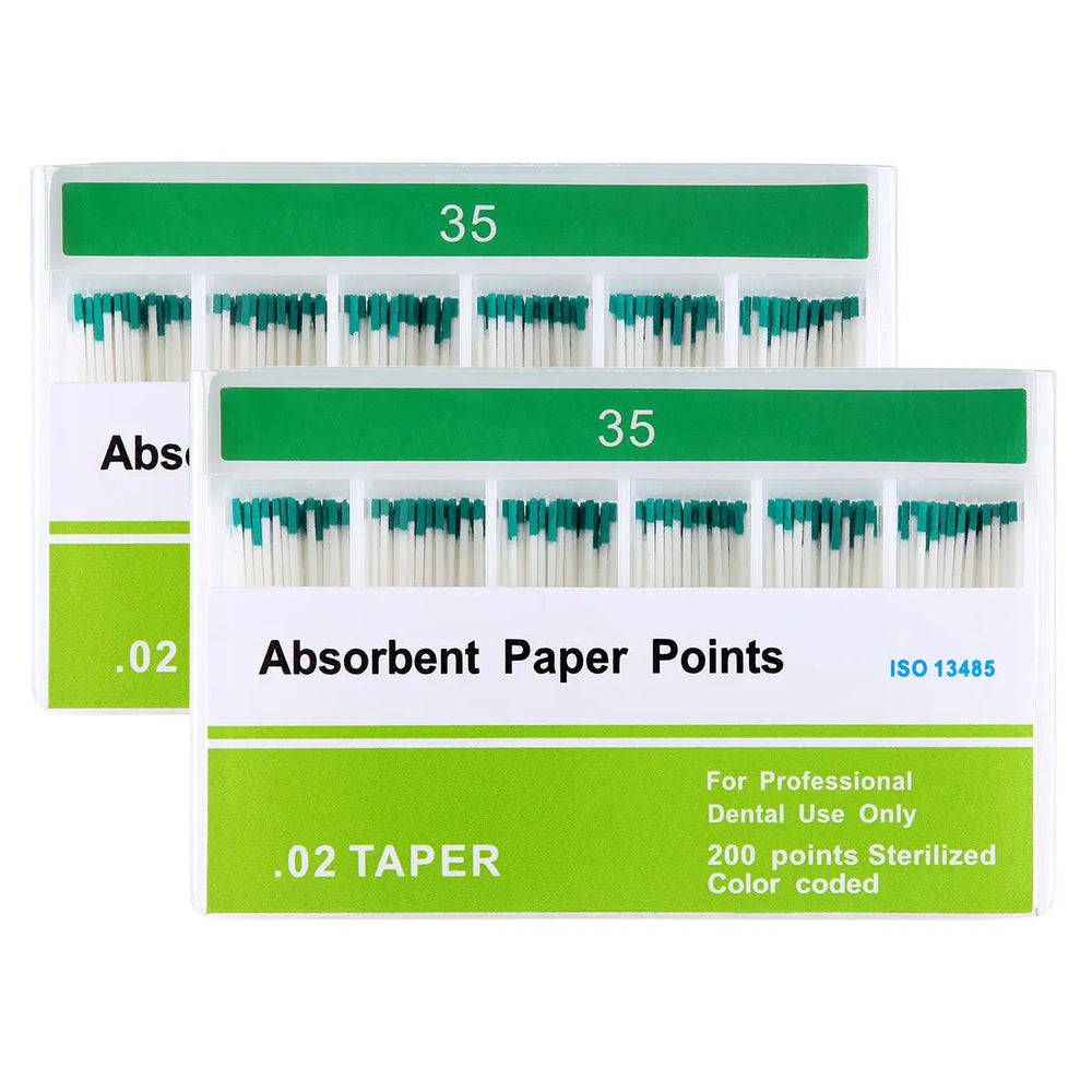 Absorbent Paper Points #35 Taper Size 0.02 Color Coded 200/Box: Two white boxes containing green-tipped dental paper points. Labels show "35" and ".02 TAPER" with product details. For professional dental use, sterilized and color-coded.