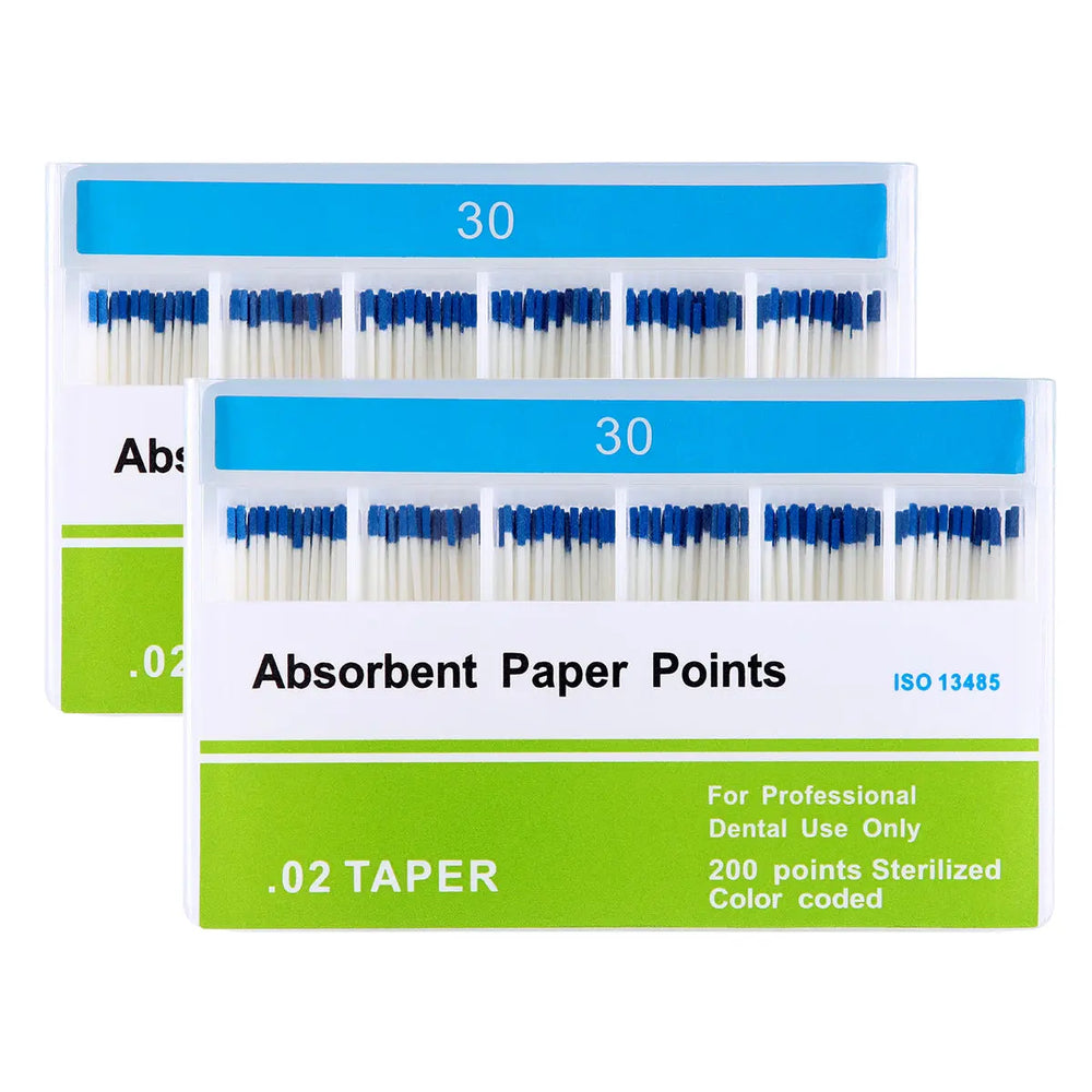 Absorbent Paper Points #30 Taper Size 0.02 Color Coded 200/Box displayed in two clear plastic containers. Each container shows rows of blue-tipped white paper points, with blue labels marked "30" and green labels indicating "0.2 TAPER" and other product details.