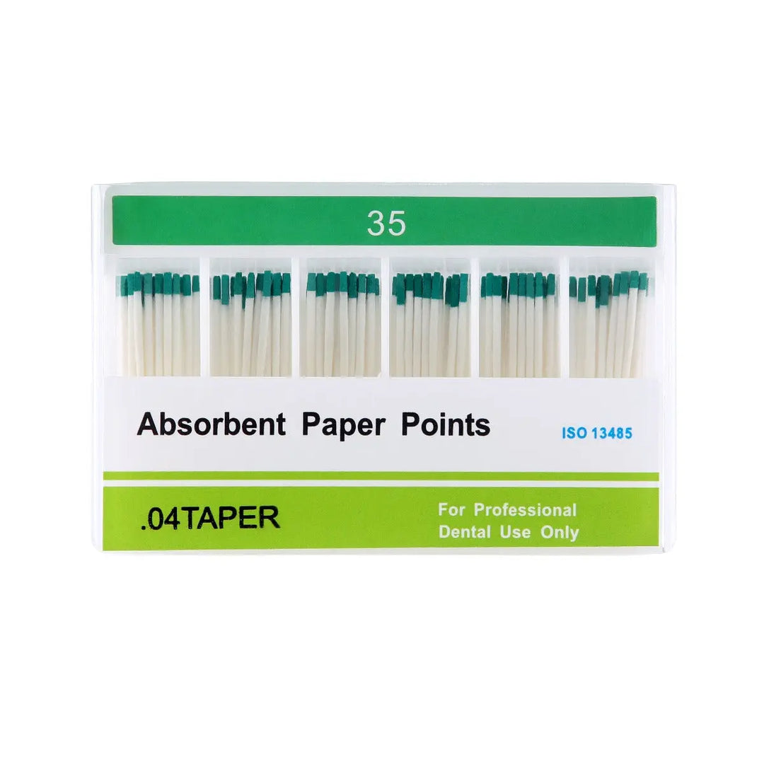 Absorbent Paper Points #35 Taper Size 0.04 Color Coded 100/Box: Green-tipped white dental cotton points in six rows, displayed in a labeled plastic case for professional dental use. Product information visible, including taper size and ISO standard.