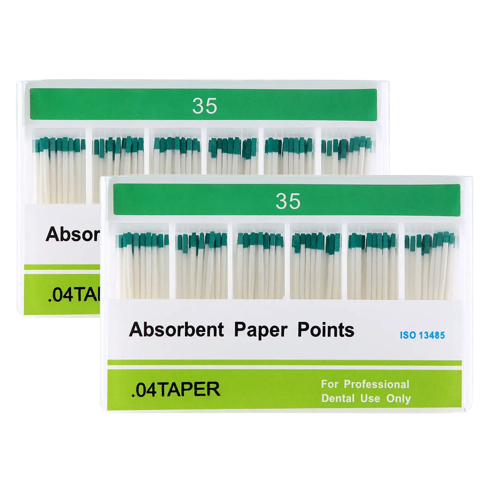 Absorbent Paper Points #35 Taper Size 0.04 Color Coded 100/Box: Two white boxes containing green-tipped dental paper points organized in rows. Boxes labeled with product details and "For Professional Dental Use Only" in green and black text.