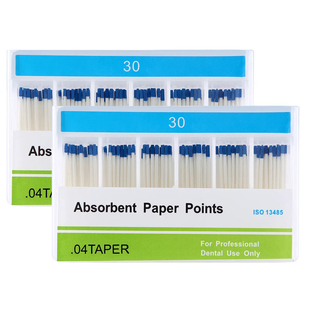 Two boxes of Absorbent Paper Points #30 Taper Size 0.04 Color Coded 100/Box for dental root canal cleaning, showing blue-tipped white points organized in rows inside clear plastic containers with labeled blue and green sections.