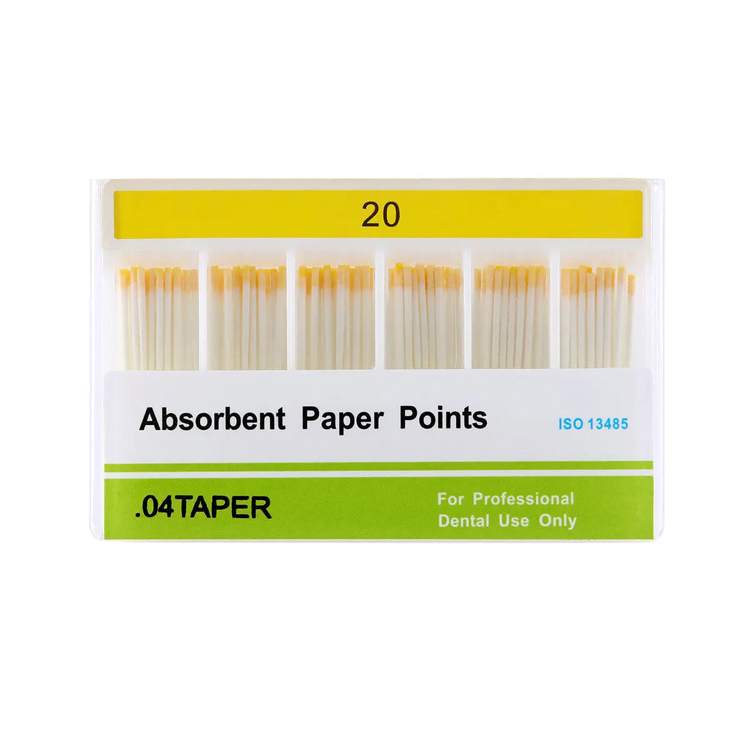 Absorbent Paper Points #20 Taper Size 0.04 Color Coded 100/Box displayed in packaging. Six rows of white paper points with orange tips visible through clear packaging. Yellow label indicating size 20 and green label showing 0.04 taper. For professional dental use in root canal cleaning.