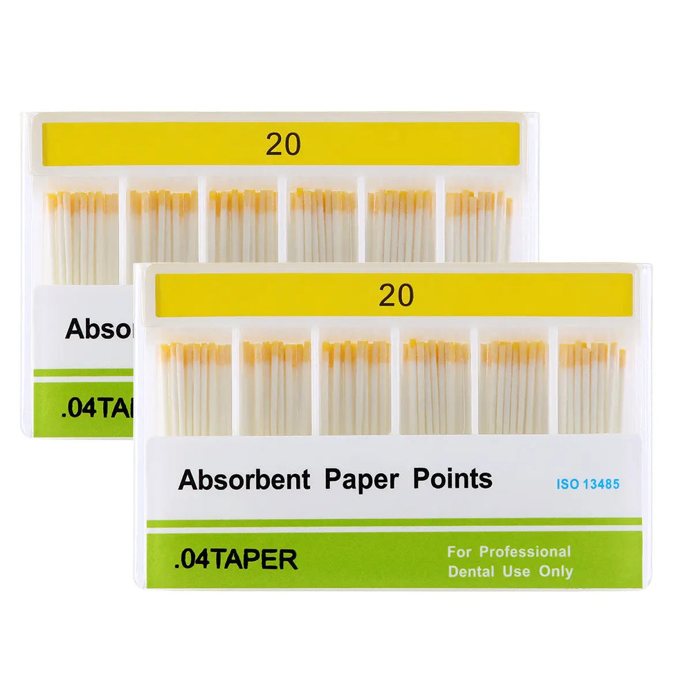 Two boxes of Absorbent Paper Points #20 Taper Size 0.04 Color Coded 100/Box for dental use, featuring yellow-tipped cotton fibers in clear containers with labeled packaging indicating size and professional dental application