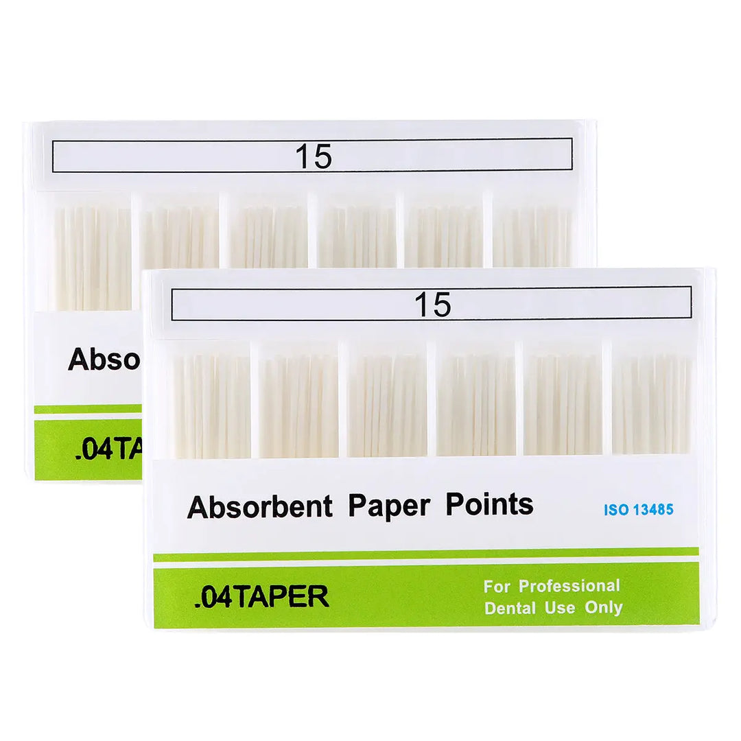 Absorbent Paper Points #15 Taper Size 0.04 Color Coded 100/Box: Two white boxes containing dental absorbent paper points, labeled with size 15 and 0.04 taper, for professional dental use in root canal treatments