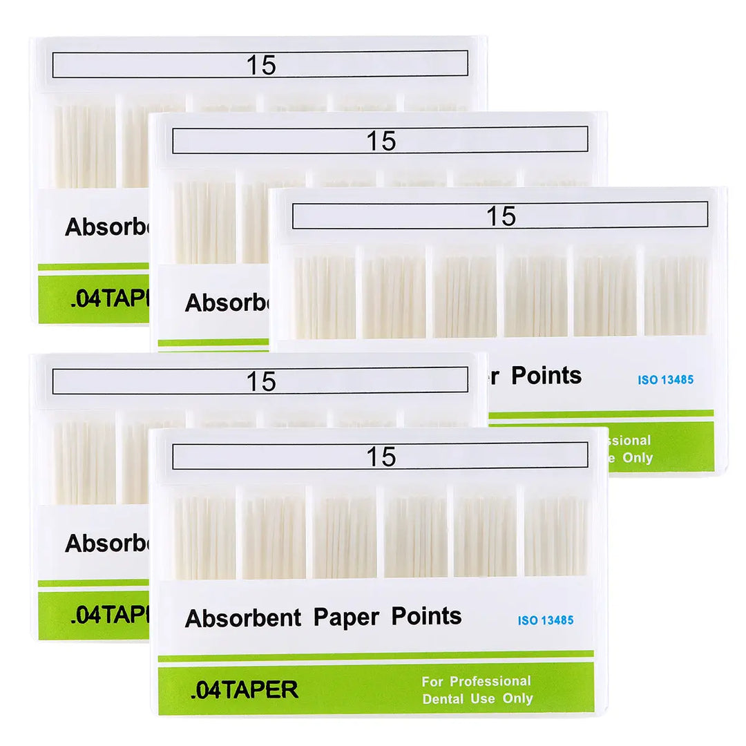 Absorbent Paper Points #15 Taper Size 0.04 Color Coded 100/Box: Multiple packages of dental absorbent paper points, labeled with size 15 and 0.04 taper, displayed in clear plastic containers with green and white labeling for professional dental use.