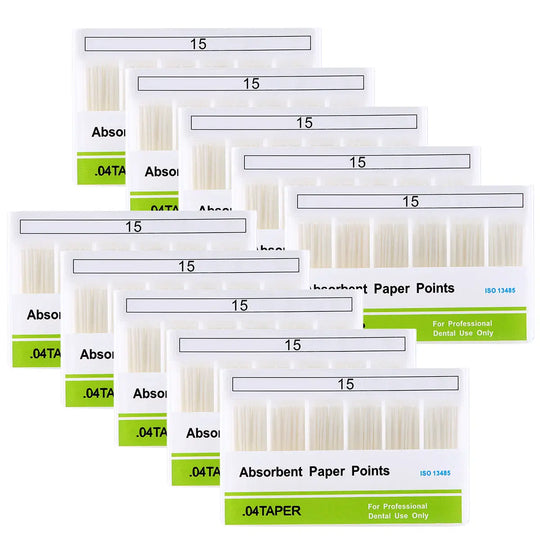 Multiple boxes of Absorbent Paper Points #15 Taper Size 0.04 Color Coded 100/Box, showing white dental paper points in clear plastic containers with green labels for professional dental use in root canal treatments