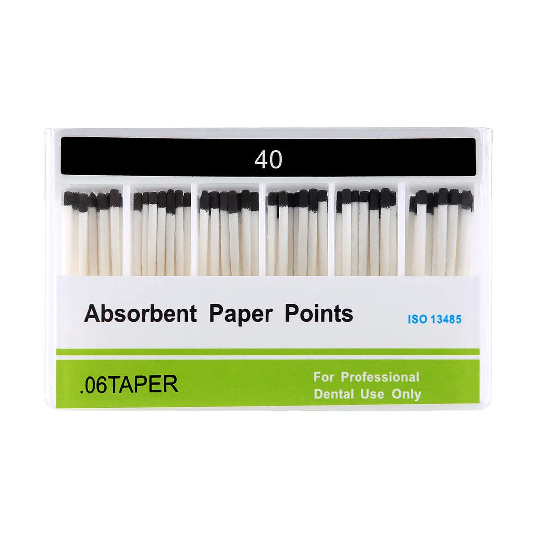 Absorbent Paper Points #40 Taper Size 0.06 Color Coded 100/Box in white packaging with green label. Box contains 6 rows of paper points with black tips. Product name, size, and dental use information visible on label.