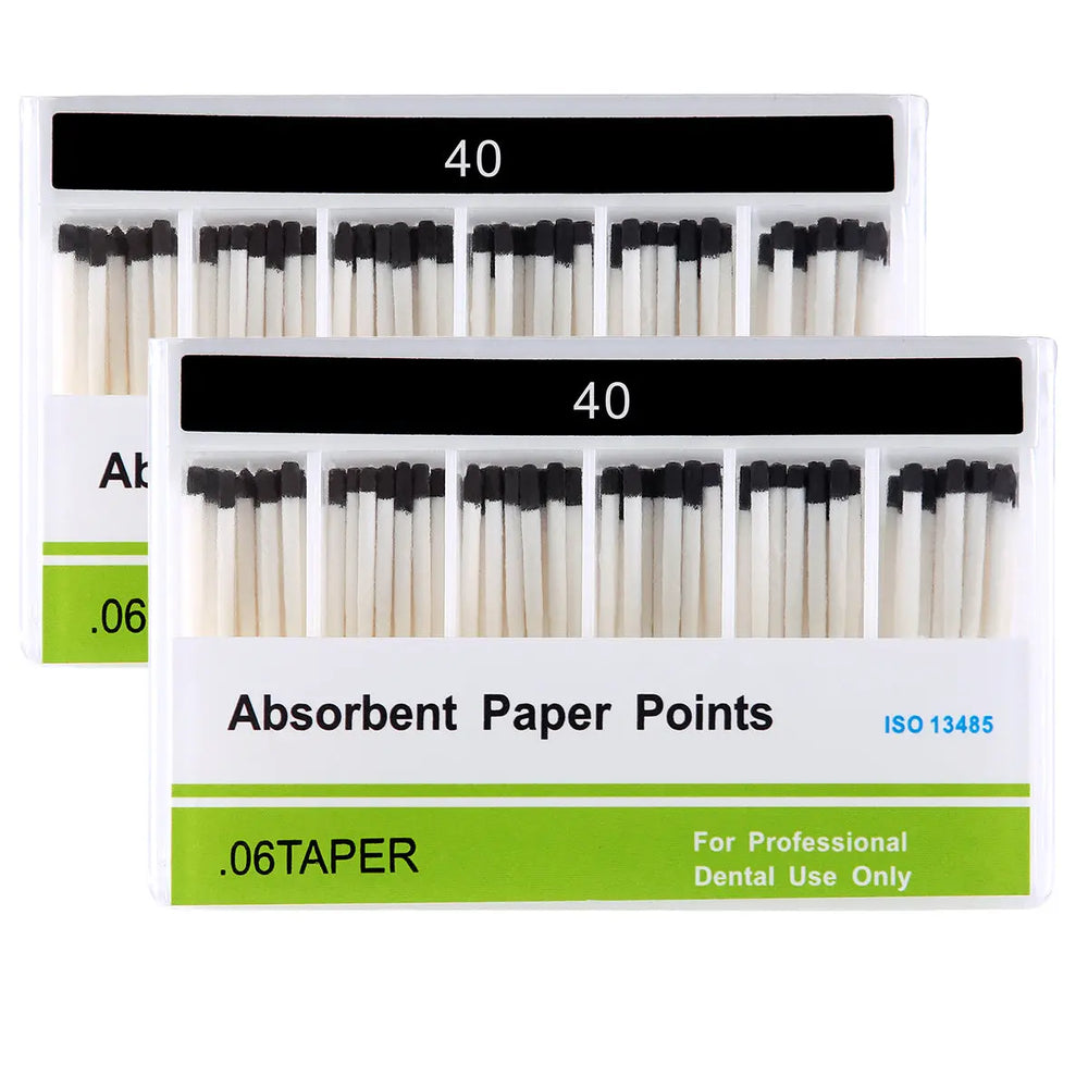 Absorbent Paper Points #40 Taper Size 0.06 Color Coded 100/Box: Two white boxes containing dental paper points with black tips, labeled '40' and '.06TAPER'. For professional dental use in root canal cleaning and treatment.