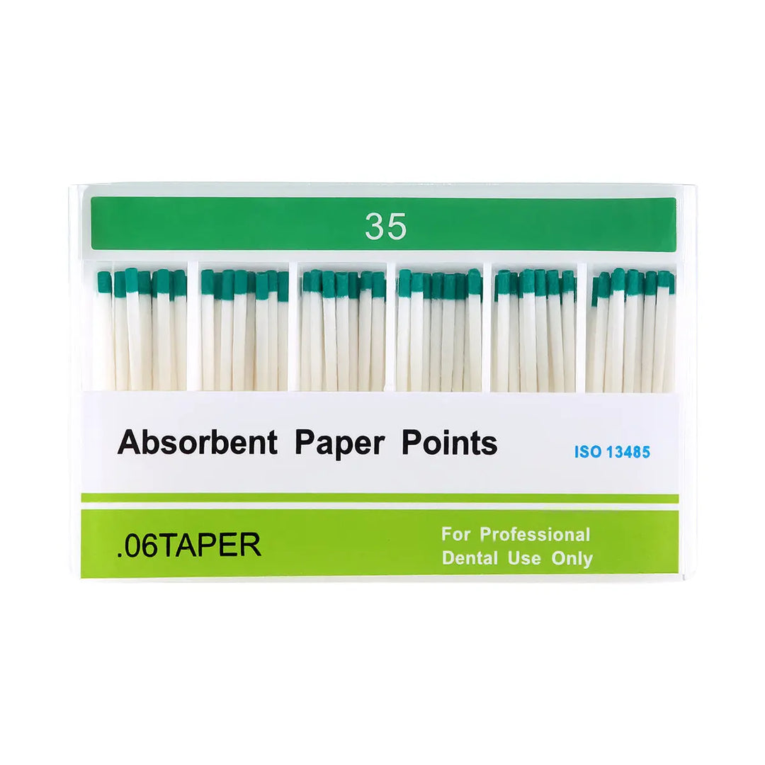 Absorbent Paper Points #35 Taper Size 0.06 Color Coded 100/Box: Dental product packaging showing green-tipped paper points arranged in rows, labeled with size 35 and .06 taper, for professional dental use in root canal treatments.