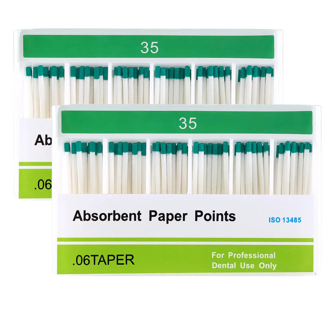 Absorbent Paper Points #35 Taper Size 0.06 Color Coded 100/Box: Two boxes of dental absorbent paper points, size 35, with green tips. Each box contains multiple rows of white points with green ends, labeled for professional dental use and ISO certified.