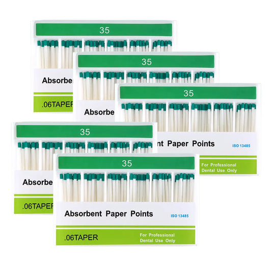 Absorbent Paper Points #35 Taper Size 0.06 Color Coded 100/Box: Five boxes of dental paper points with green tips, labeled for size 35 and 0.06 taper. Each box contains 100 pieces for professional dental use in root canal cleaning and treatment.