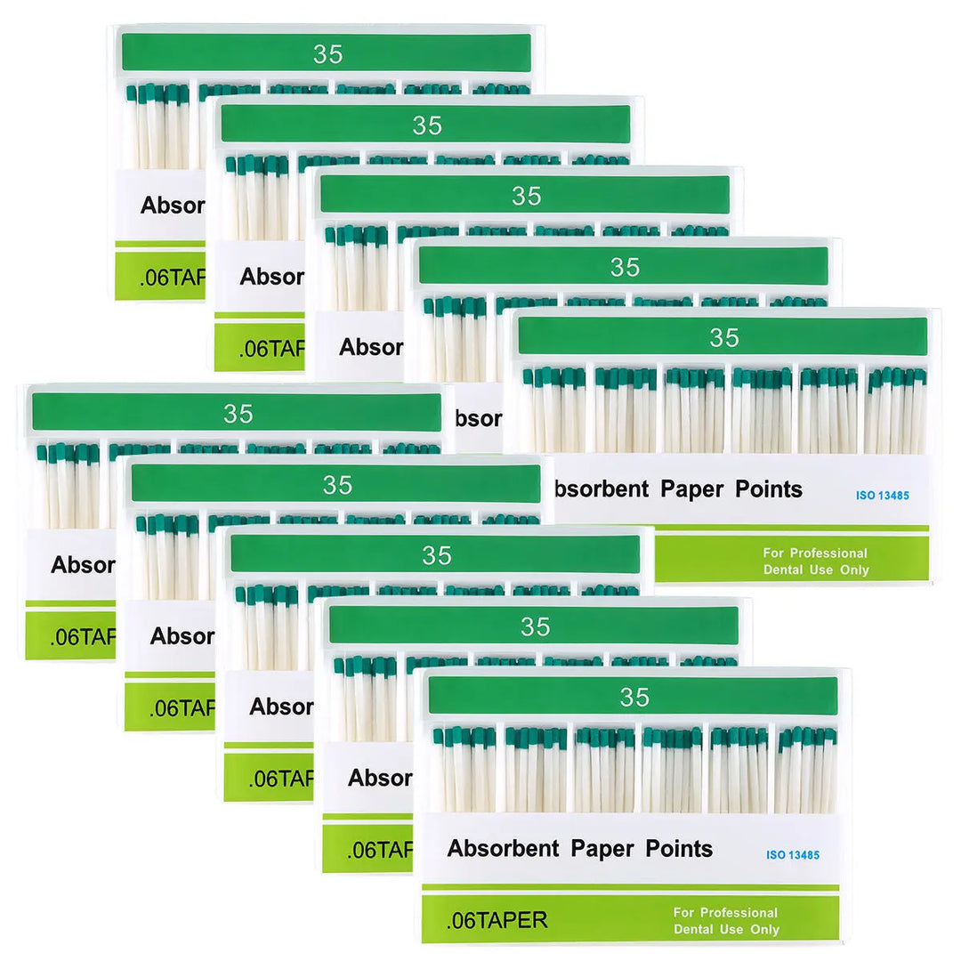 Multiple boxes of Absorbent Paper Points #35 Taper Size 0.06 Color Coded 100/Box, showing green-labeled packaging with white paper points visible through clear windows. Dental product for professional use in root canal treatments.