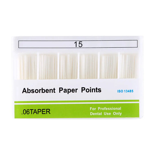 Absorbent Paper Points #15 Taper Size 0.06 100/Box package displaying six columns of white dental paper points for professional root canal cleaning and treatment, with clear labeling indicating size and taper specifications