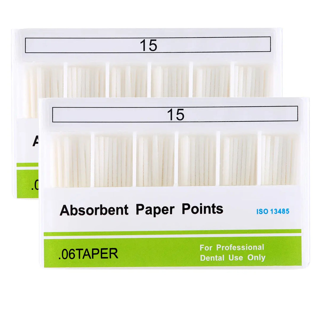 Absorbent Paper Points #15 Taper Size 0.06 100/Box: Two boxes of dental root canal cleaning materials, displaying white paper points organized in rows. Labels show "15" and ".06TAPER" with "For Professional Dental Use Only" text visible.