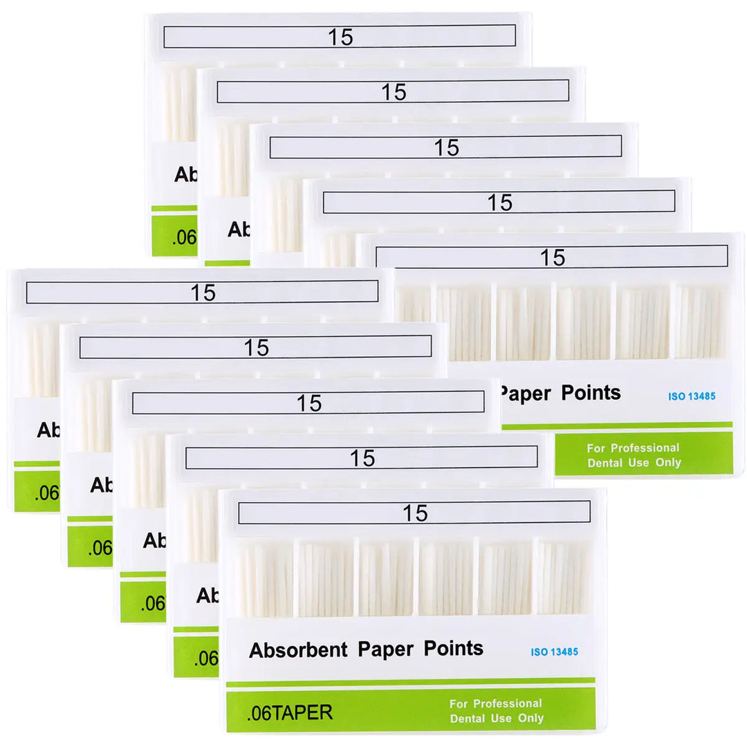 Multiple boxes of Absorbent Paper Points #15 Taper Size 0.06 100/Box, showing white dental tools organized in rows within green-labeled packaging for professional dental use in root canal treatments.