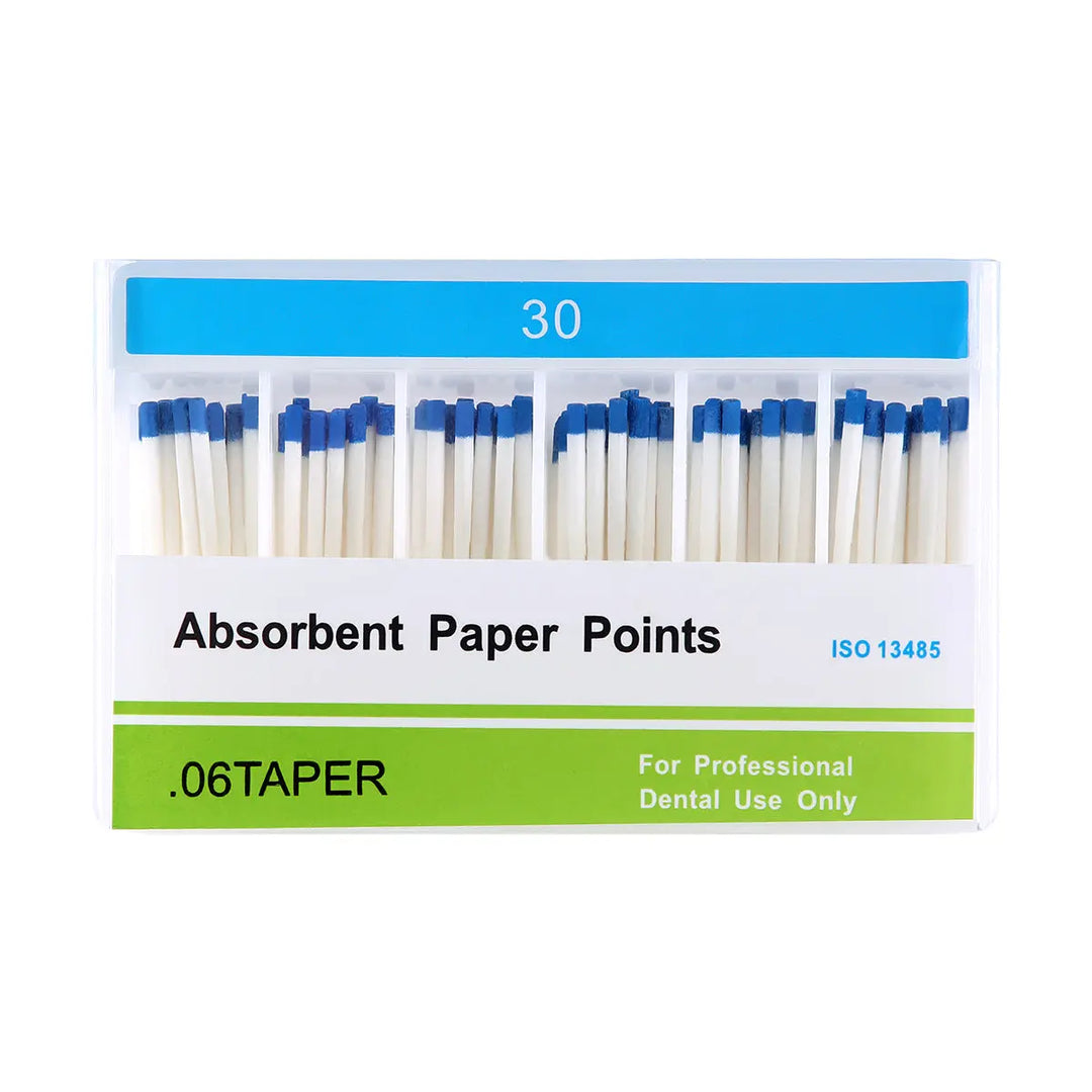 Absorbent Paper Points #30 Taper Size 0.06 Color Coded 100/Box: Package of dental absorbent paper points with blue tips, labeled '30' and '.06TAPER', for professional dental use in root canal cleaning and treatment. ISO certified product displayed in organized rows.