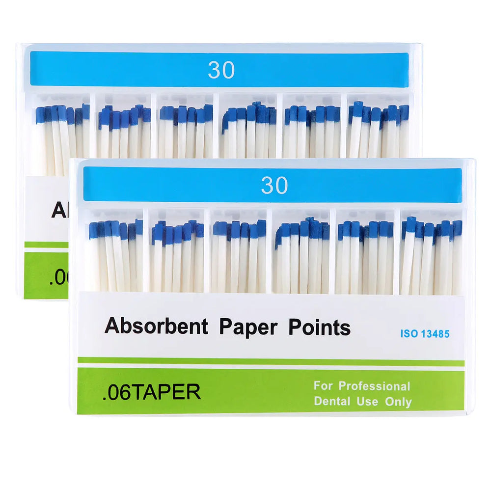 Absorbent Paper Points #30 Taper Size 0.06 Color Coded 100/Box: Two white boxes containing dental absorbent paper points with blue tips, labeled '30' and '.06TAPER'. For professional dental use in root canal cleaning and treatment.