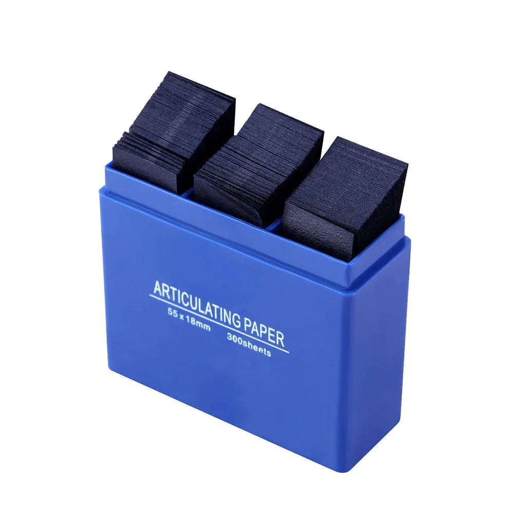 Dental Articulating Paper Strips 55*18mm 300pcs/Box in blue plastic dispenser. Three stacks of dark blue strips visible. Product name and size printed on dispenser. Essential for accurate occlusion in dental procedures.