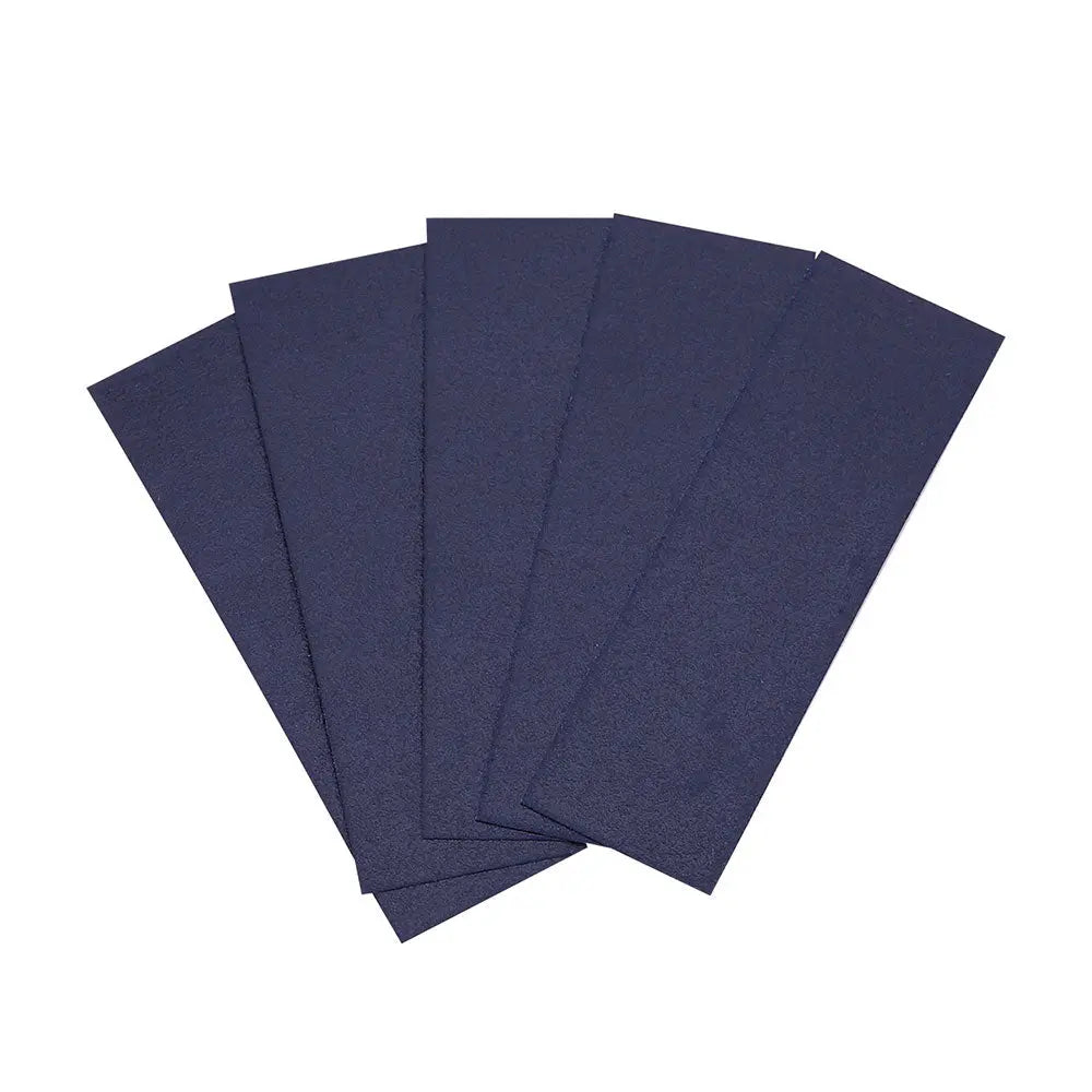 Dental Articulating Paper Strips 55*18mm 300pcs/Box: Fan-shaped arrangement of dark blue dental articulating paper strips, used for checking occlusion and bite alignment in dental procedures. Each strip measures 55*18mm, with 300 pieces per box.