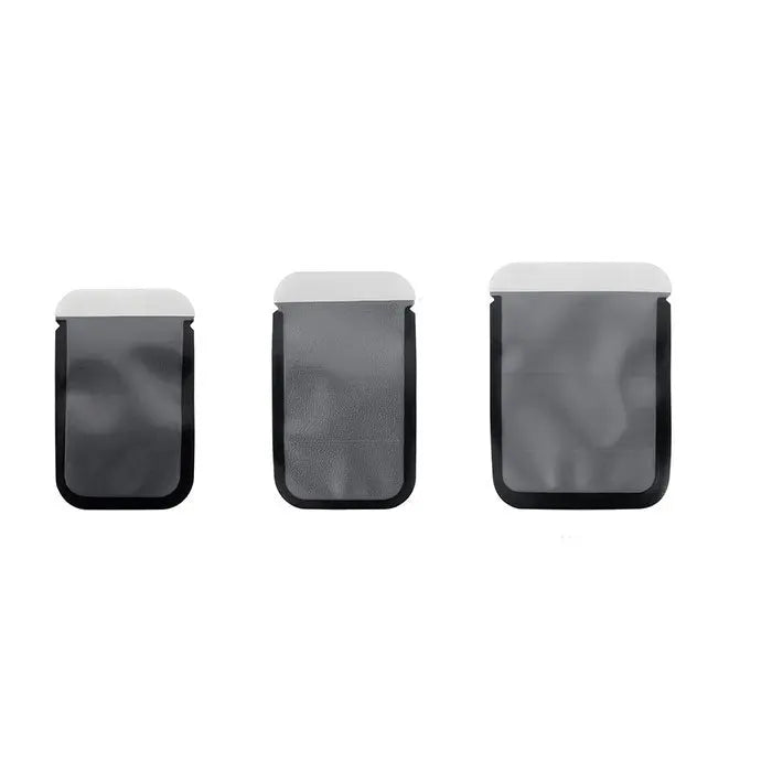 Three sizes of Dental X Ray Phosphor Plate Barrier Envelopes displayed side by side, showing different dimensions for sizes #0, #1, and #2. Black opaque backs with white sealing flaps visible, designed for protecting dental X-ray sensors from contamination.